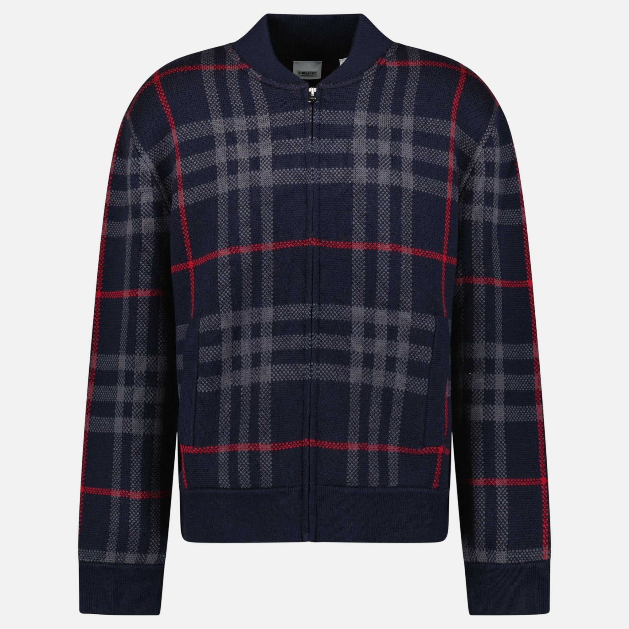Burberry 'Morland' Knitted Wool Bomber Jacket Check Navy – C83 | Studio DOS by Designer Outlet Sales