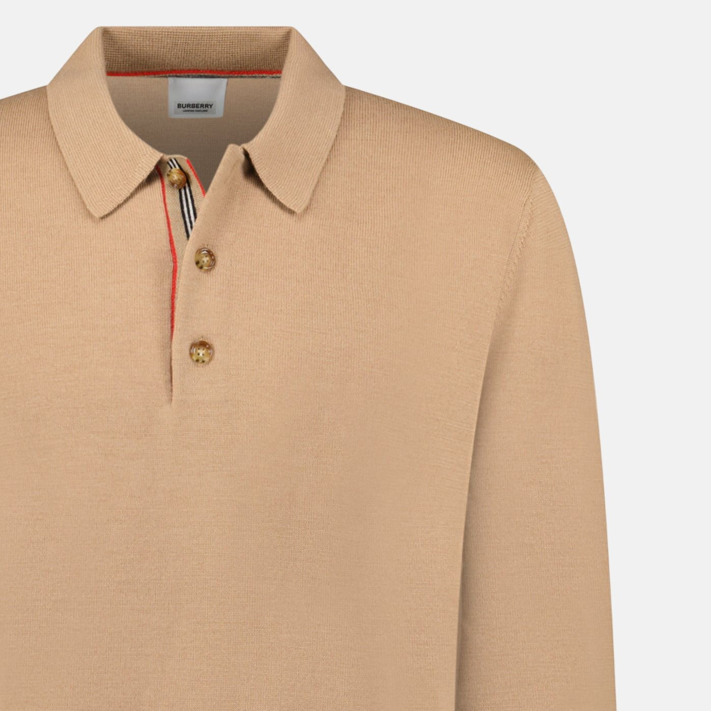 Burberry 'Pace' Signature Stripe Long Sleeved Wool Polo Shirt Camel – A17 | Studio DOS by Designer Outlet Sales