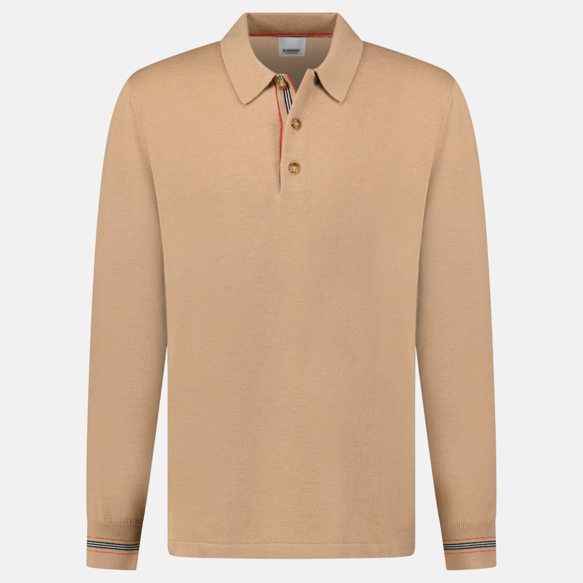 Burberry 'Pace' Signature Stripe Long Sleeved Wool Polo Shirt Camel – A17 | Studio DOS by Designer Outlet Sales