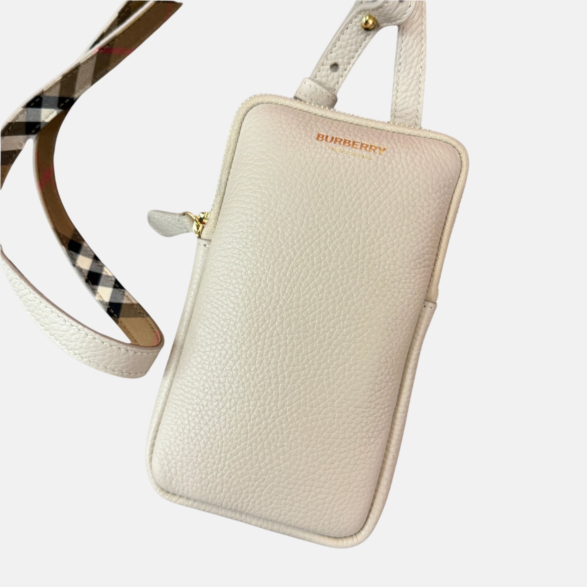 Burberry Phone Pouch Check Strap Grained Leather Limestone – F11 | Studio DOS by Designer Outlet Sales