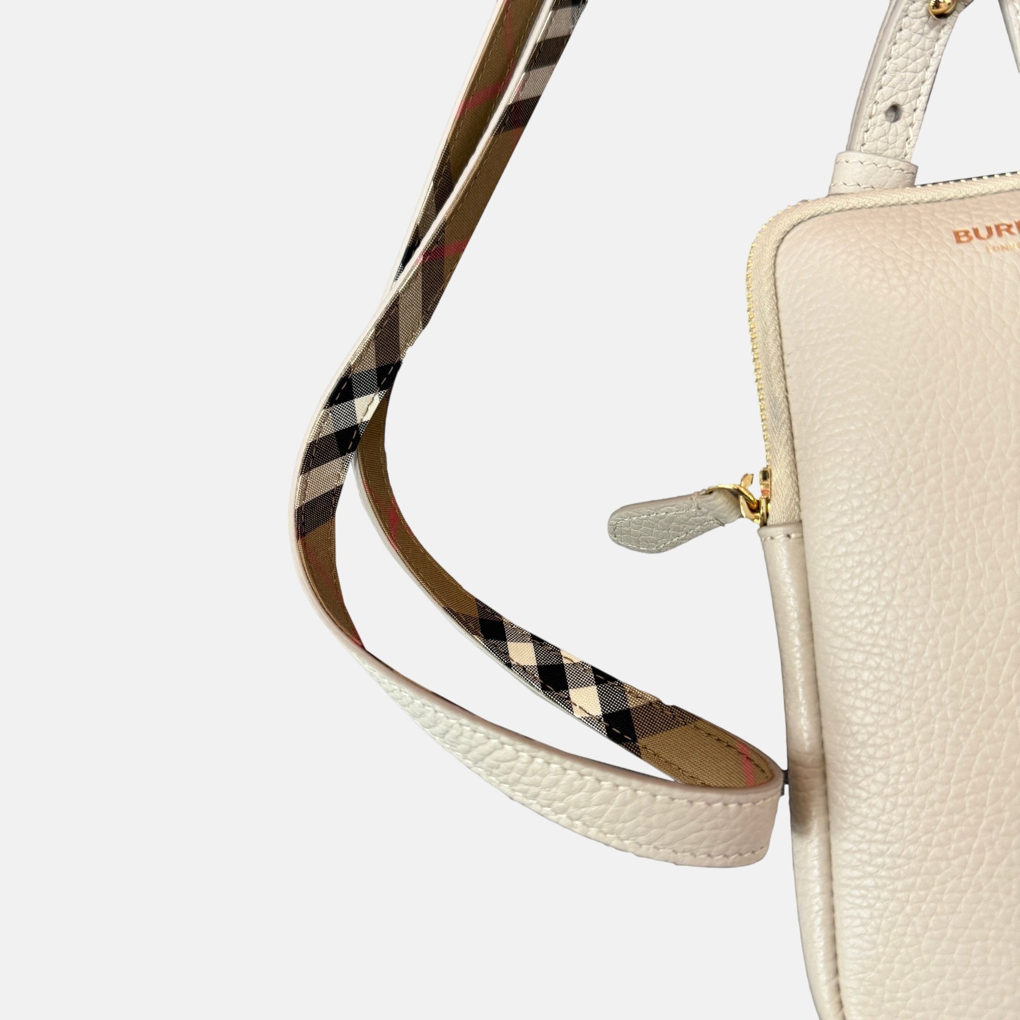Burberry Phone Pouch Check Strap Grained Leather Limestone – F11 | Studio DOS by Designer Outlet Sales