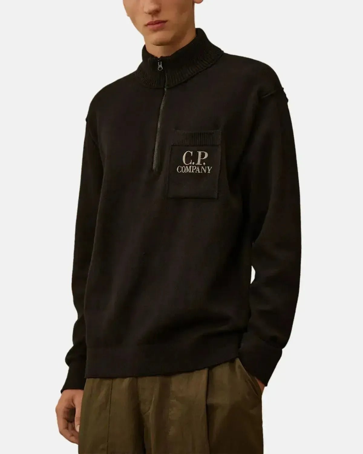 CP COMPANY MENS SOFT COTTON STRETCH CHEST POCKET 1/4 ZIP KNIT BLACK – CP-COMPANY-19CMKN236A-110432A-999-M | Studio DOS by Designer Outlet Sales
