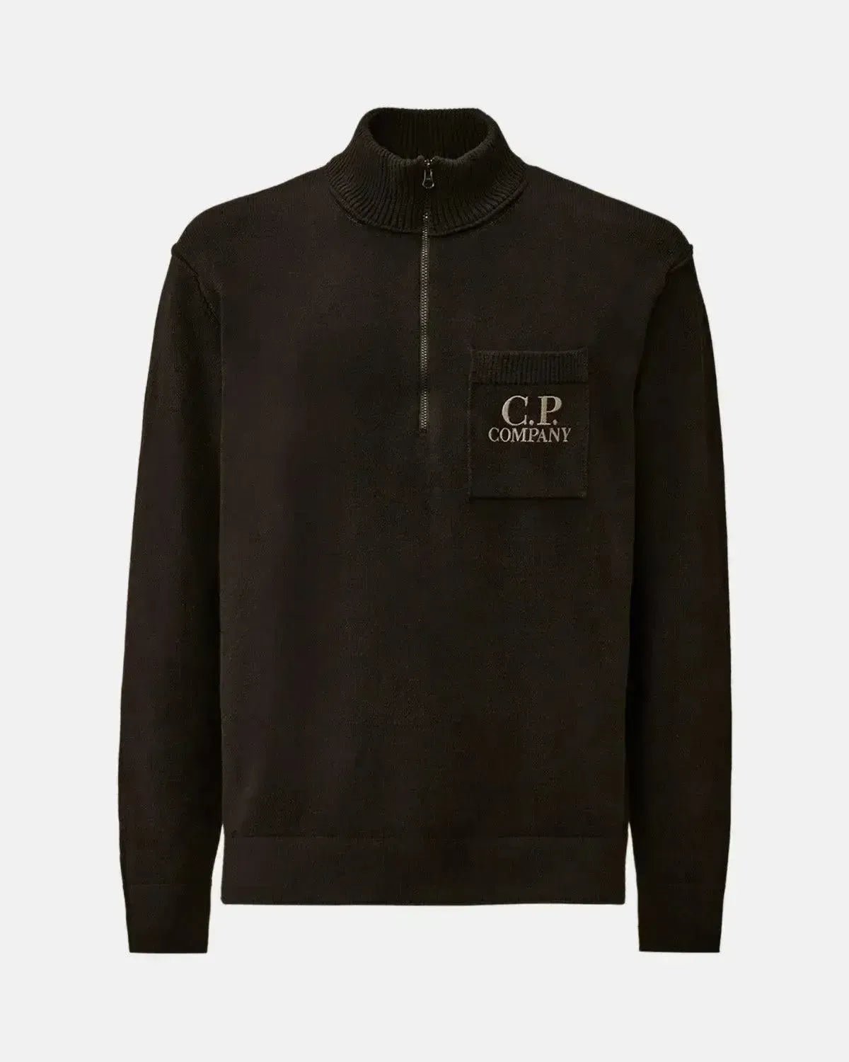 CP COMPANY MENS SOFT COTTON STRETCH CHEST POCKET 1/4 ZIP KNIT BLACK – CP-COMPANY-19CMKN236A-110432A-999-M | Studio DOS by Designer Outlet Sales