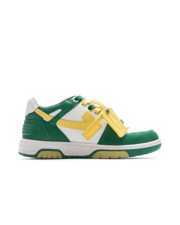 OFF-WHITE MENS OUT OF OFFICE SPECIAL LEATHER TRAINERS GREEN YELLOW-Designer Outlet Sales