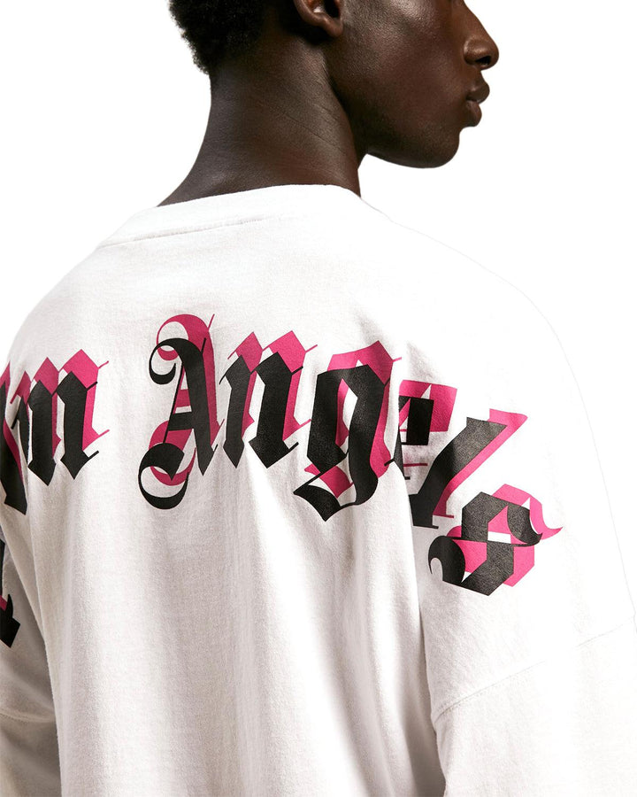 PALM ANGELS MENS DOUBLE LOGO OVER LS T-SHIRT WHITE FUCHSIA-Designer Outlet Sales