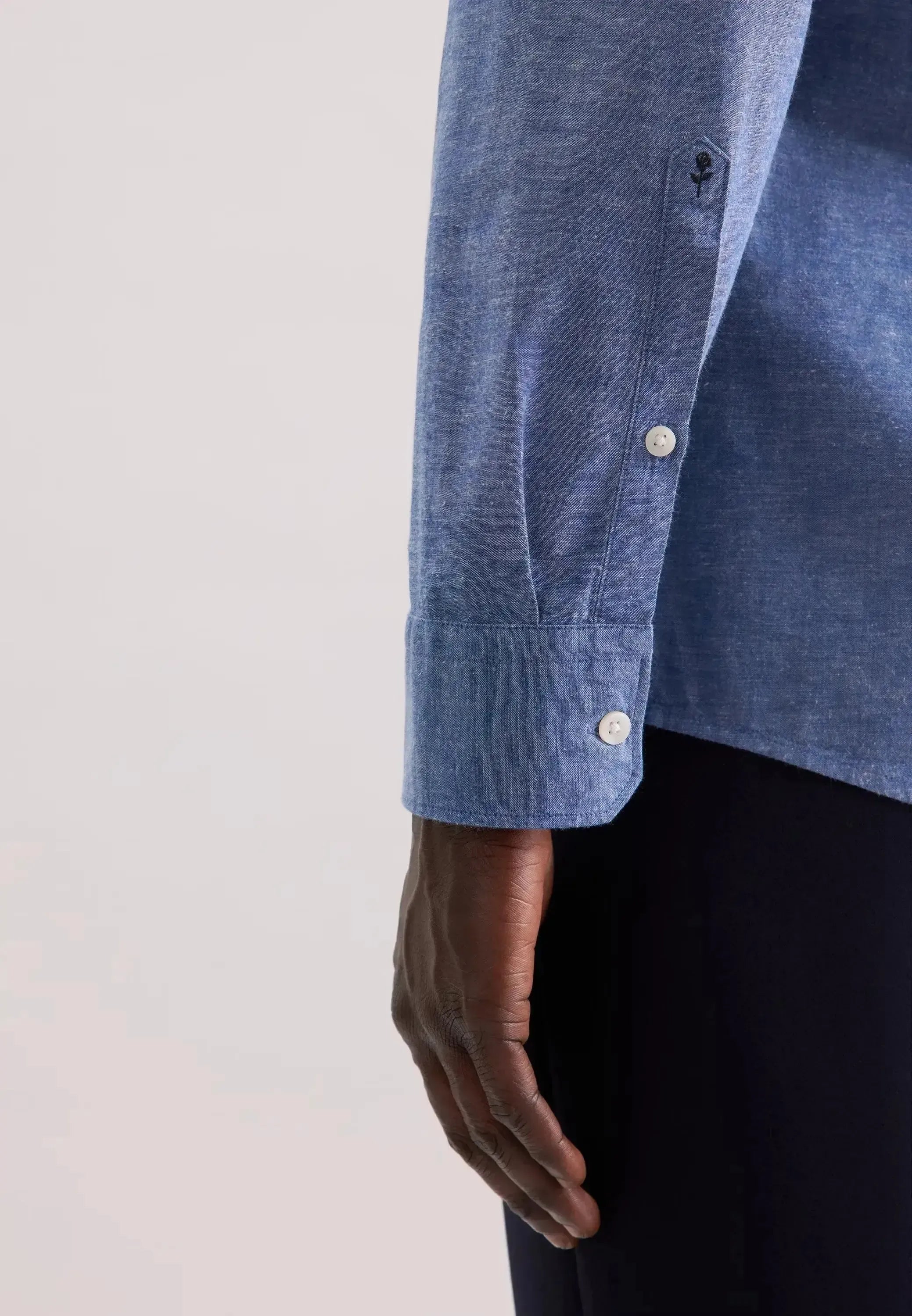 Seidensticker Mens Regular Fit Button Down Linen Blend Chambray Shirt Mid Blue – 01.146702-16-38 | Studio DOS by Designer Outlet Sales
