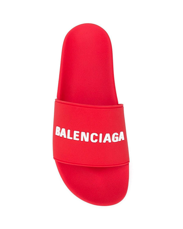 BALENCIAGA LOGO POOL SLIDERS RED WHITE-Designer Outlet Sales