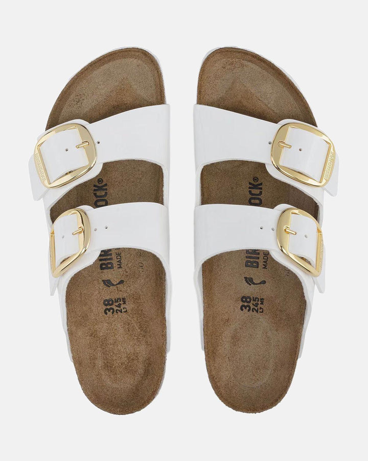 BIRKENSTOCK WOMENS ARIZONA BIG BUCKLE BIRKO FLOR SANDALS PATENT WHITE-Designer Outlet Sales