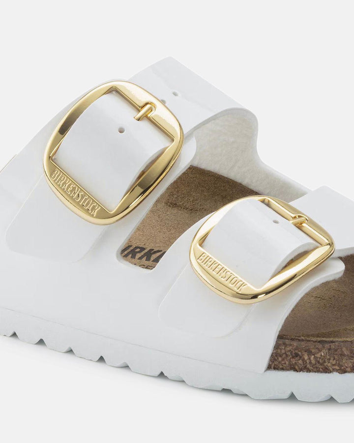 BIRKENSTOCK WOMENS ARIZONA BIG BUCKLE BIRKO FLOR SANDALS PATENT WHITE-Designer Outlet Sales