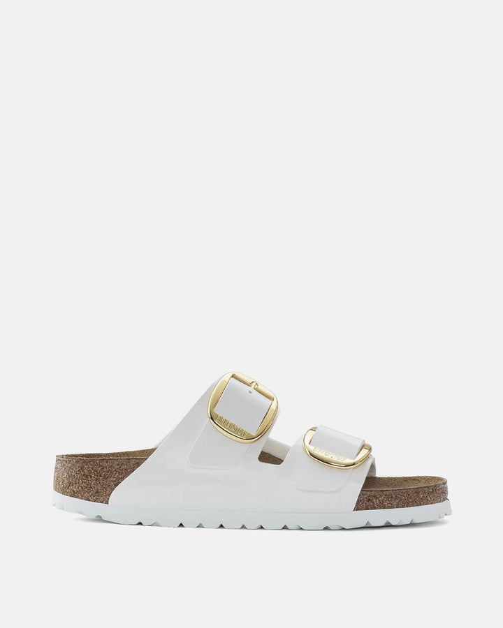 BIRKENSTOCK WOMENS ARIZONA BIG BUCKLE BIRKO FLOR SANDALS PATENT WHITE-Designer Outlet Sales