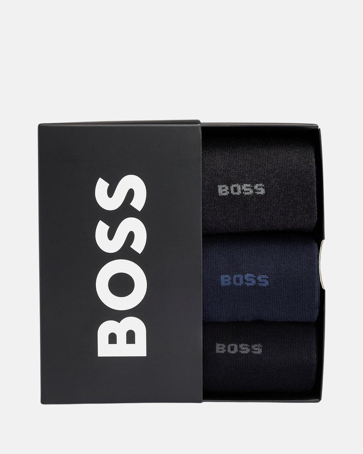 BOSS MENS 3 PACK GIFT SET SOCKS BLACK NAVY GREY-Designer Outlet Sales