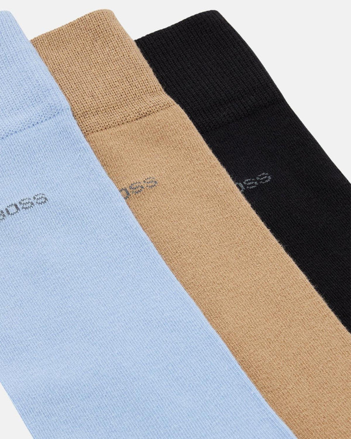 BOSS MENS 3 PACK LOGO CALF SOCKS BLUE BEIGE BLACK-Designer Outlet Sales