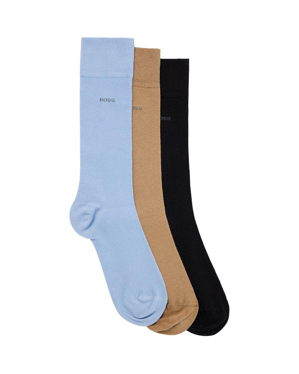 BOSS MENS 3 PACK LOGO CALF SOCKS BLUE BEIGE BLACK-Designer Outlet Sales