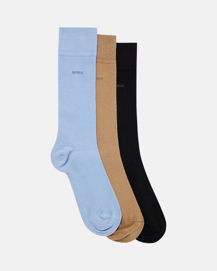 BOSS MENS 3 PACK LOGO CALF SOCKS BLUE BEIGE BLACK-Designer Outlet Sales