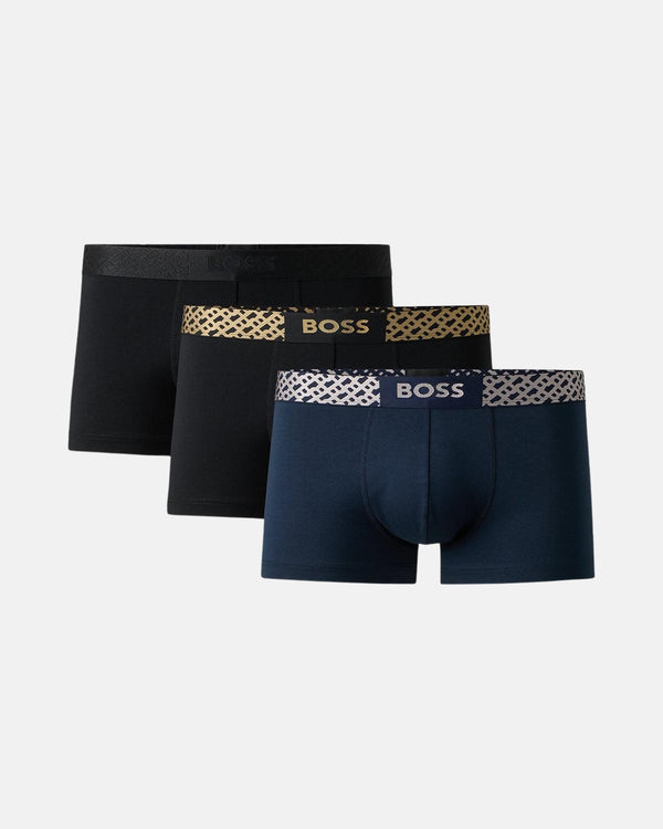 BOSS MENS 3 PACK MONOGRAM TRUNKS NAVY BLACK-Designer Outlet Sales