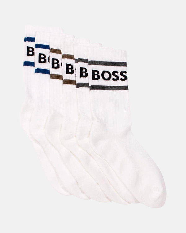 BOSS MENS 3 PACK RIBBED STRIPE LOGO SOCKS WHITE MIXED-Designer Outlet Sales