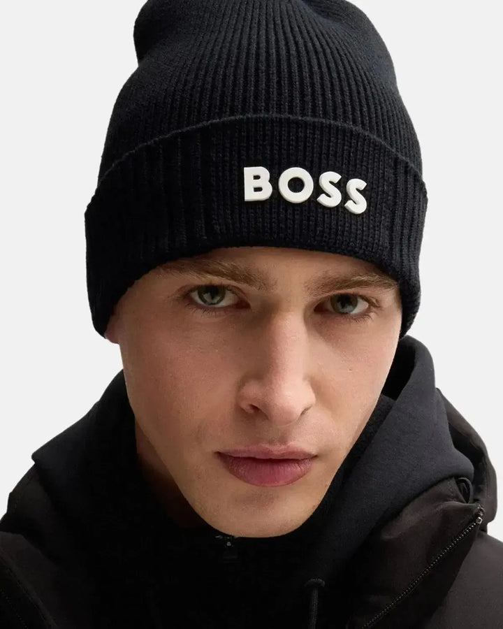 BOSS MENS ASIC-X COTTON WOOL BEANIE DARK BLUE-Designer Outlet Sales