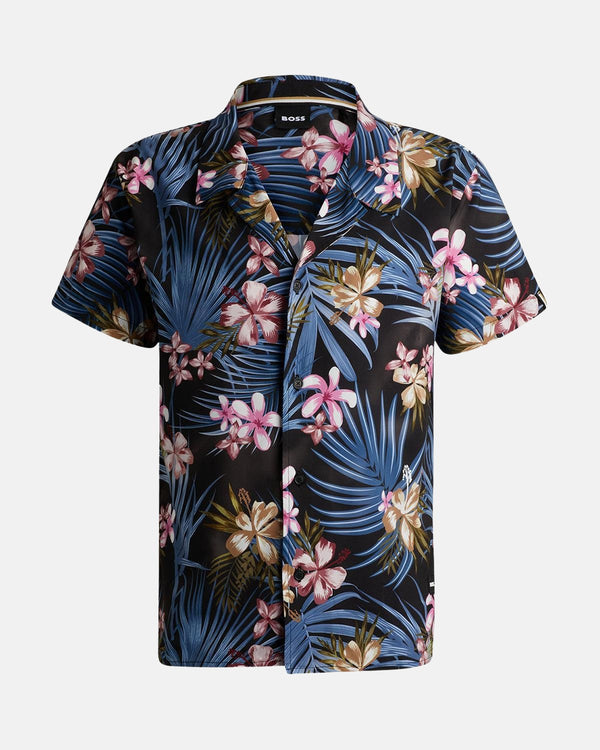 BOSS MENS FLORAL PRINT BEACH SHIRT BLUE BLACK-Designer Outlet Sales