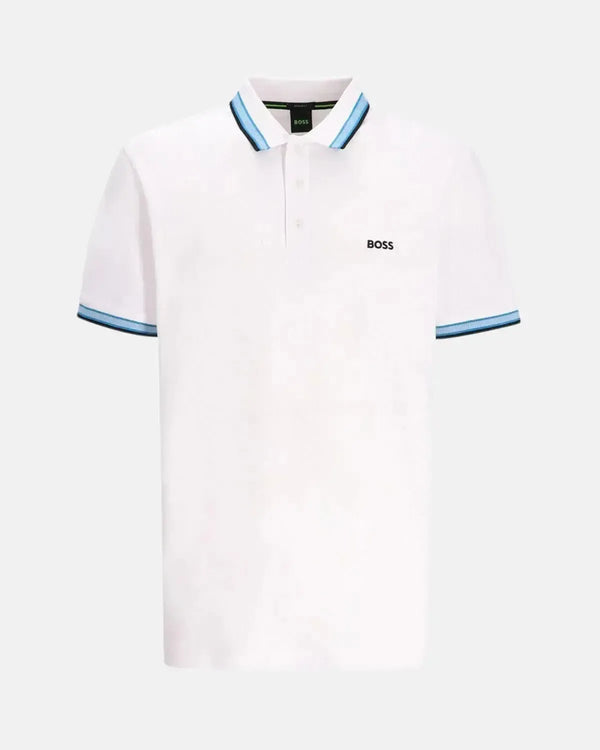BOSS MENS PADDY POLO SHIRT WHITE ELECTRIC BLUE-Designer Outlet Sales