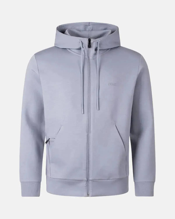 BOSS MENS SAGGY STRETCH COTTON ZIP HOODIE GREY-Designer Outlet Sales