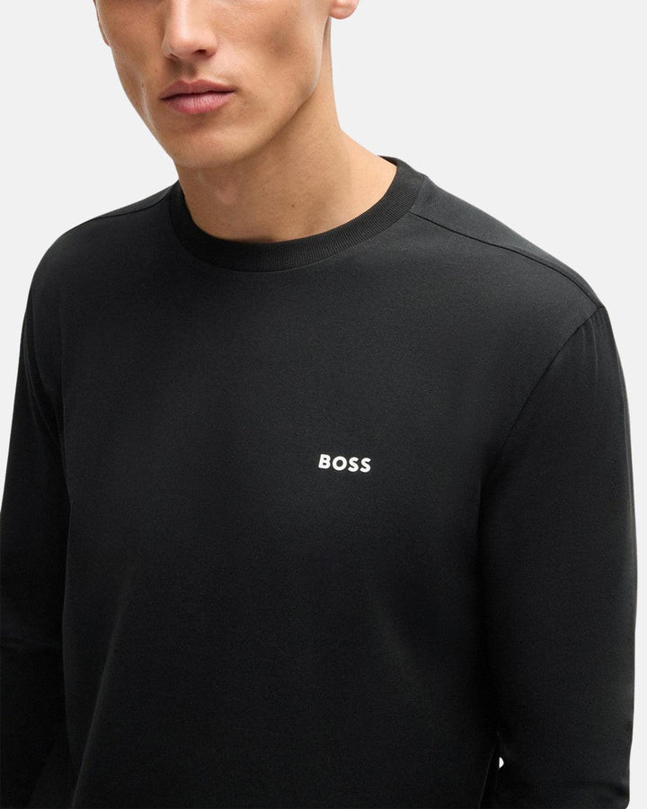 BOSS MENS STRETCH COTTON LOGO LS T-SHIRT BLACK-Designer Outlet Sales