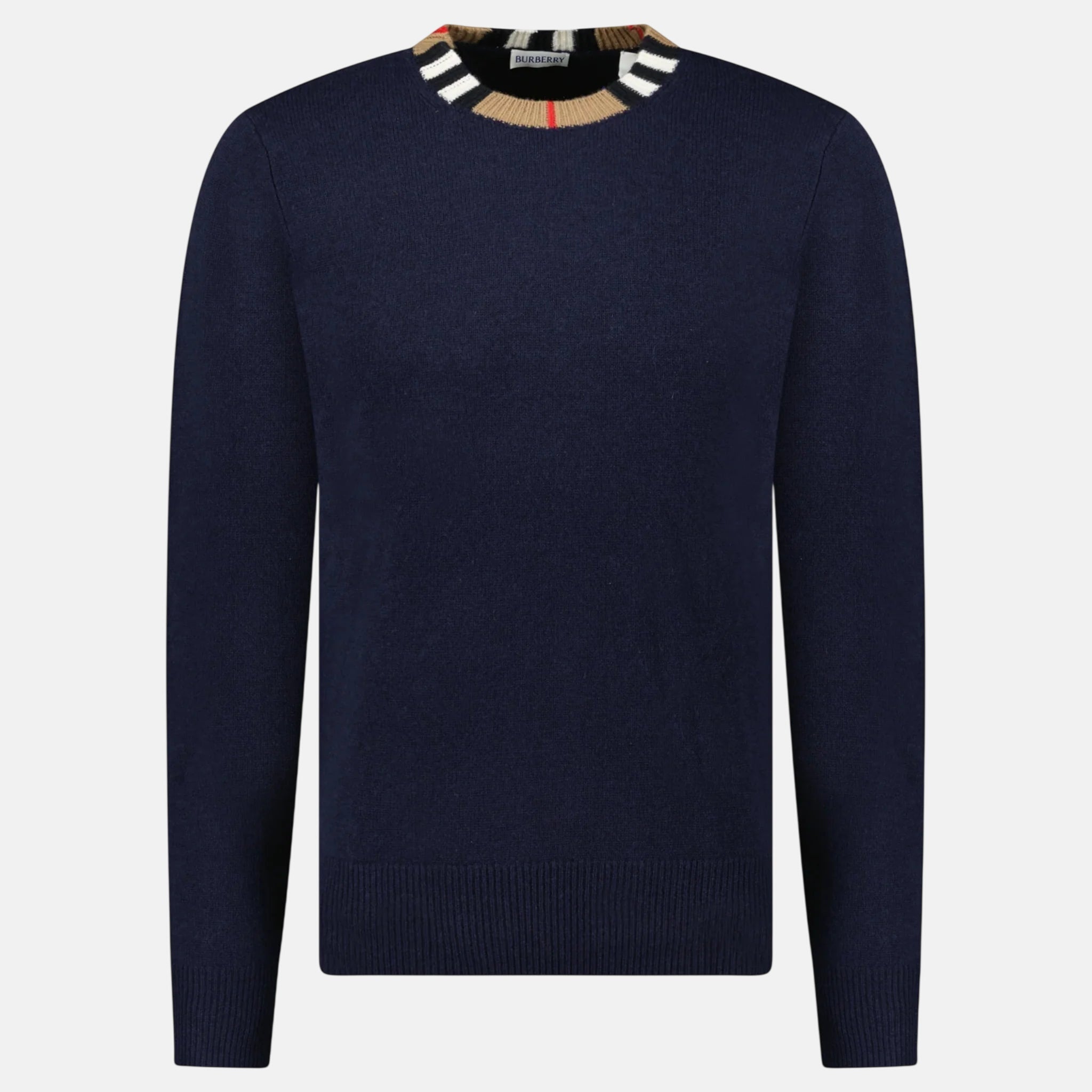 Burberry 'Noland' Check Neck Knitted Wool Cashmere Jumper Navy – G36 | Studio DOS by Designer Outlet Sales