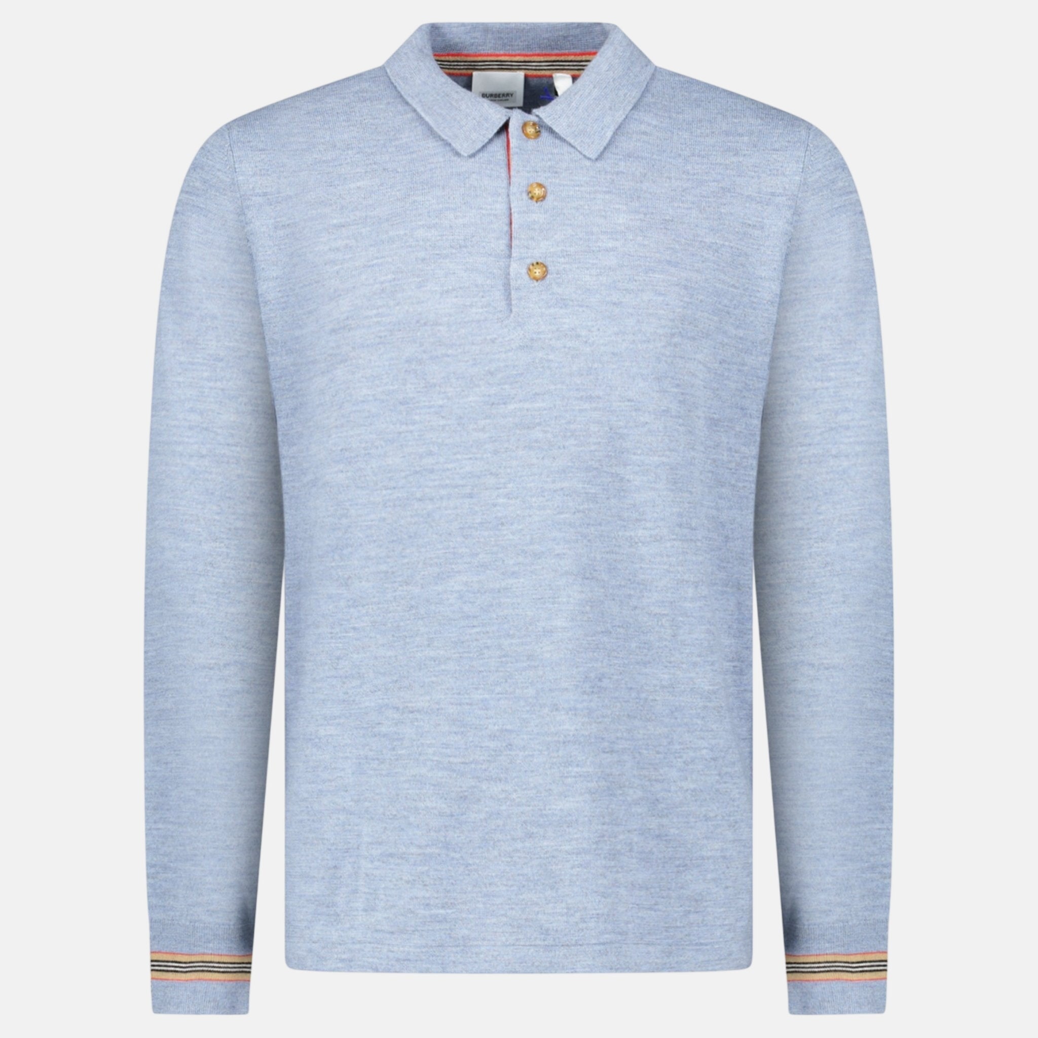 Burberry 'Pace' Signature Stripe Long Sleeved Wool Polo Shirt Mid Blue – G35 | Studio DOS by Designer Outlet Sales