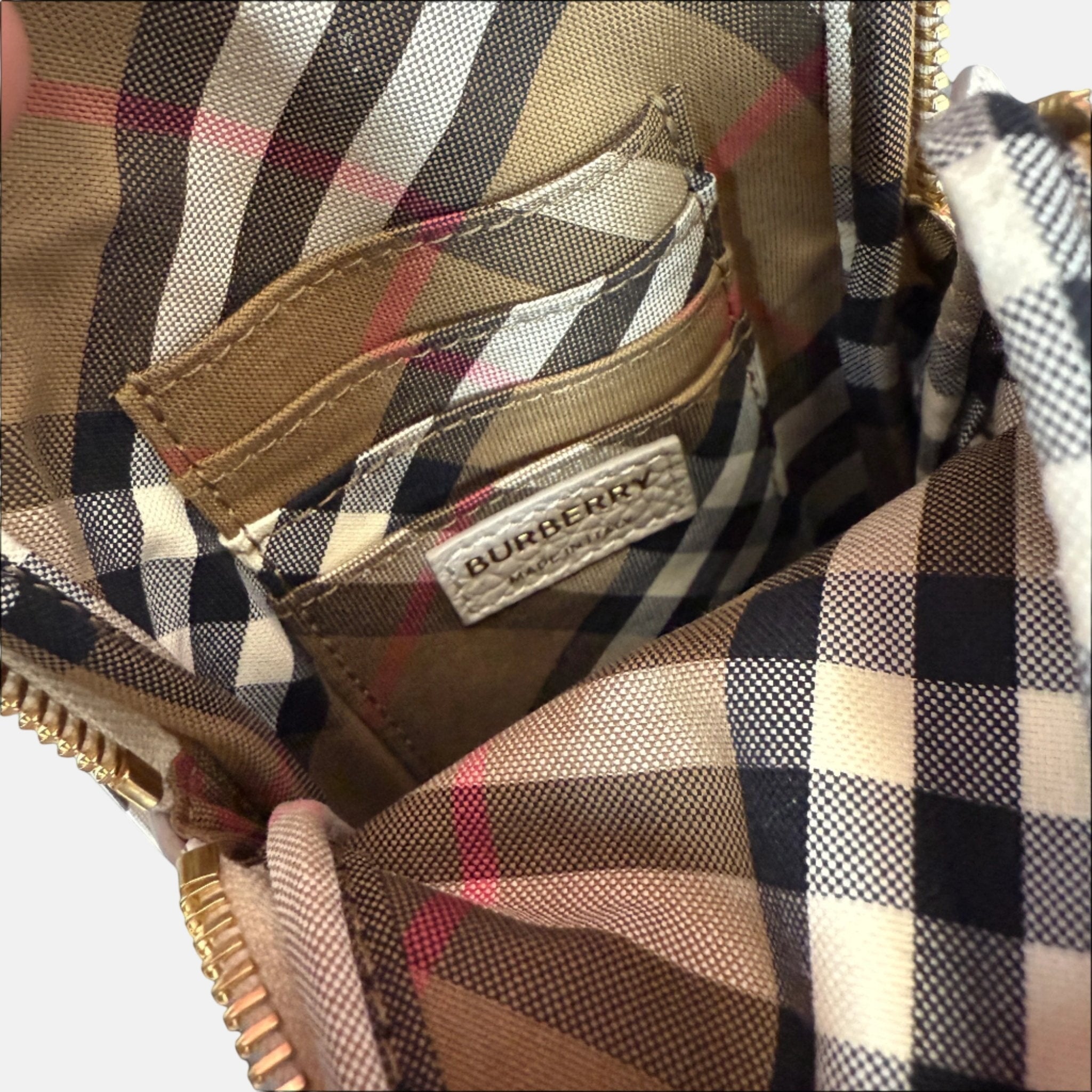 Burberry Phone Pouch Check Strap Grained Leather Limestone – F11 | Studio DOS by Designer Outlet Sales
