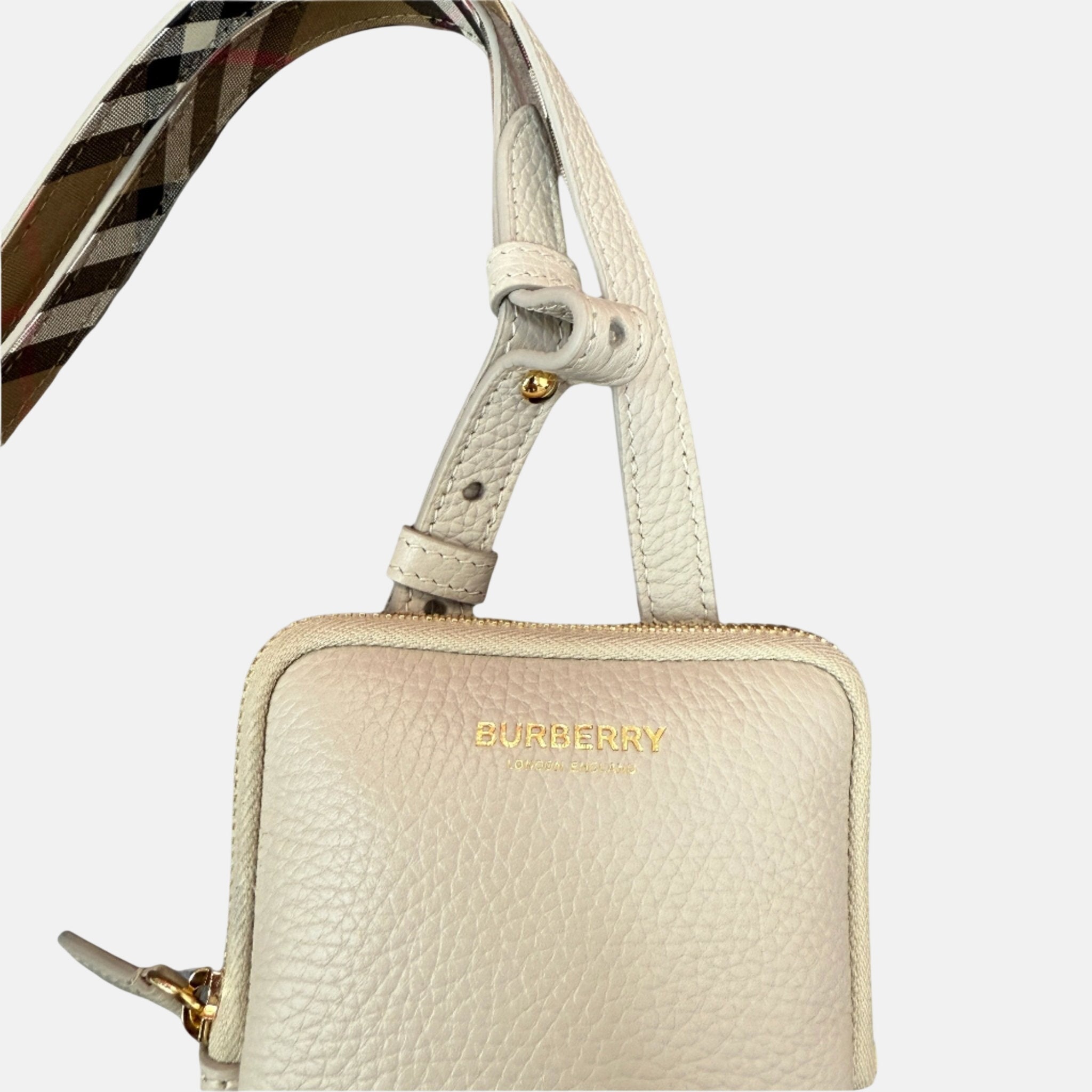Burberry Phone Pouch Check Strap Grained Leather Limestone – F11 | Studio DOS by Designer Outlet Sales