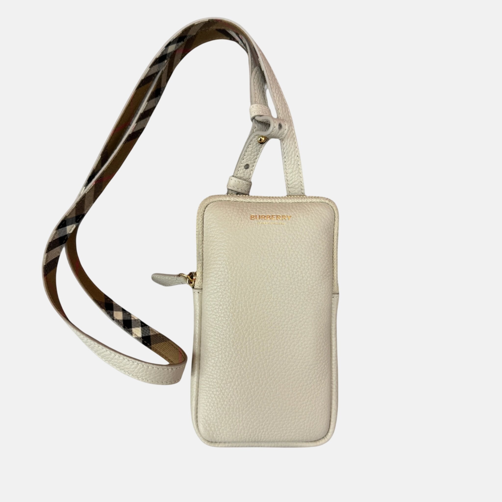 Burberry Phone Pouch Check Strap Grained Leather Limestone – F11 | Studio DOS by Designer Outlet Sales