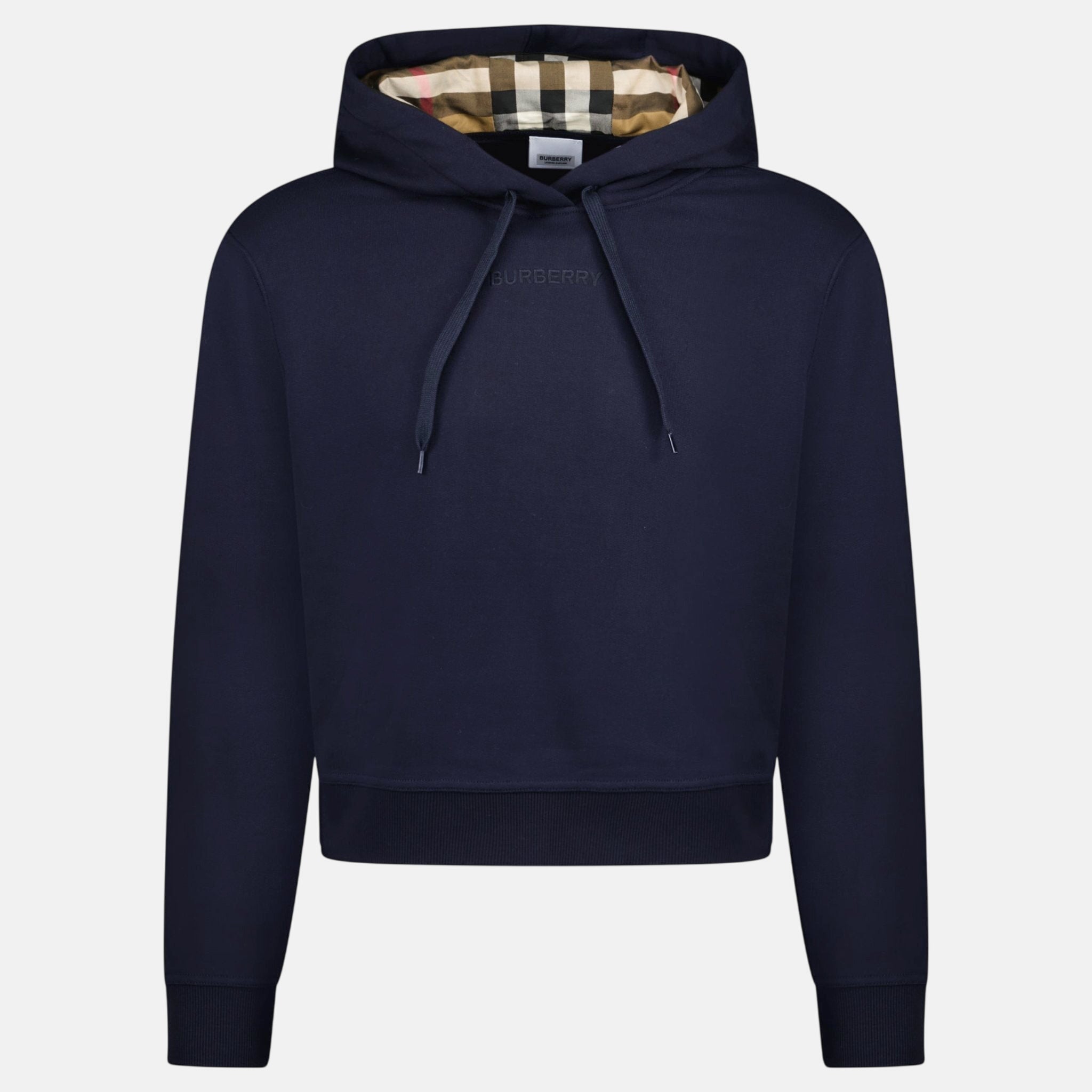 Burberry 'Talley' Embroidery Logo Check Hooded Sweatshirt Navy – E15 | Studio DOS by Designer Outlet Sales