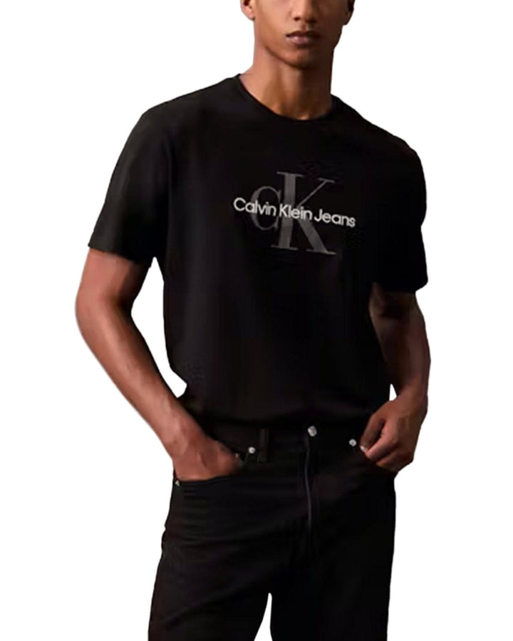 CALVIN KLEIN MENS EMBROIDERED MONOGRAM T-SHIRT BLACK-Designer Outlet Sales