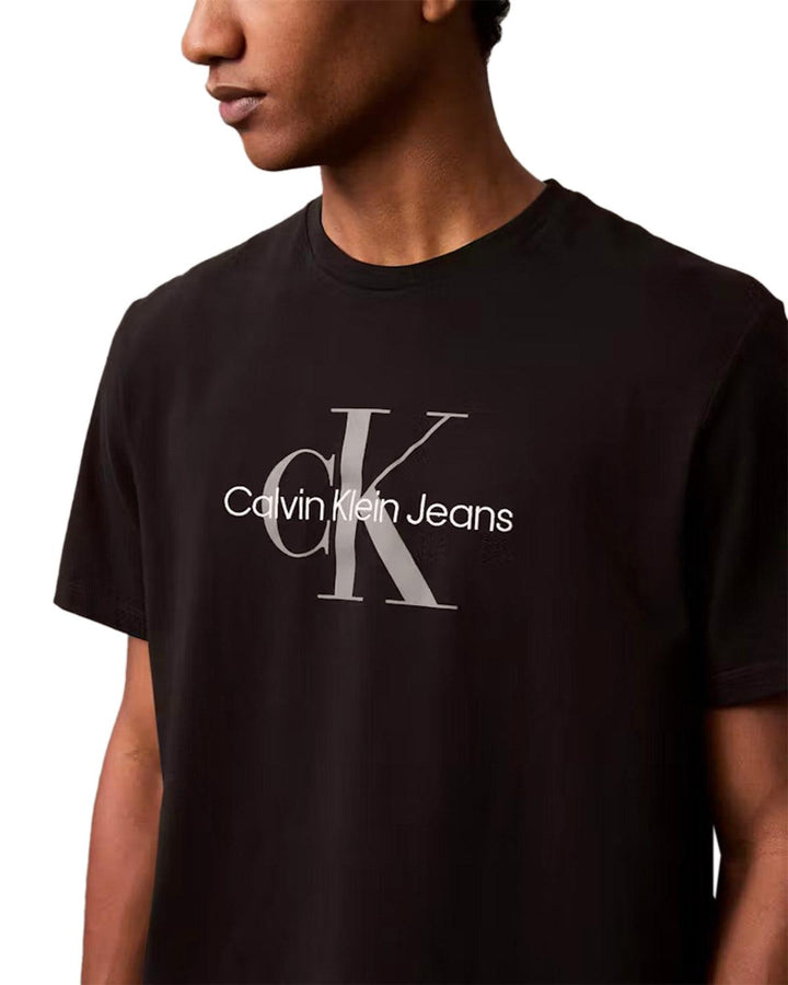 CALVIN KLEIN MENS EMBROIDERED MONOGRAM T-SHIRT BLACK-Designer Outlet Sales