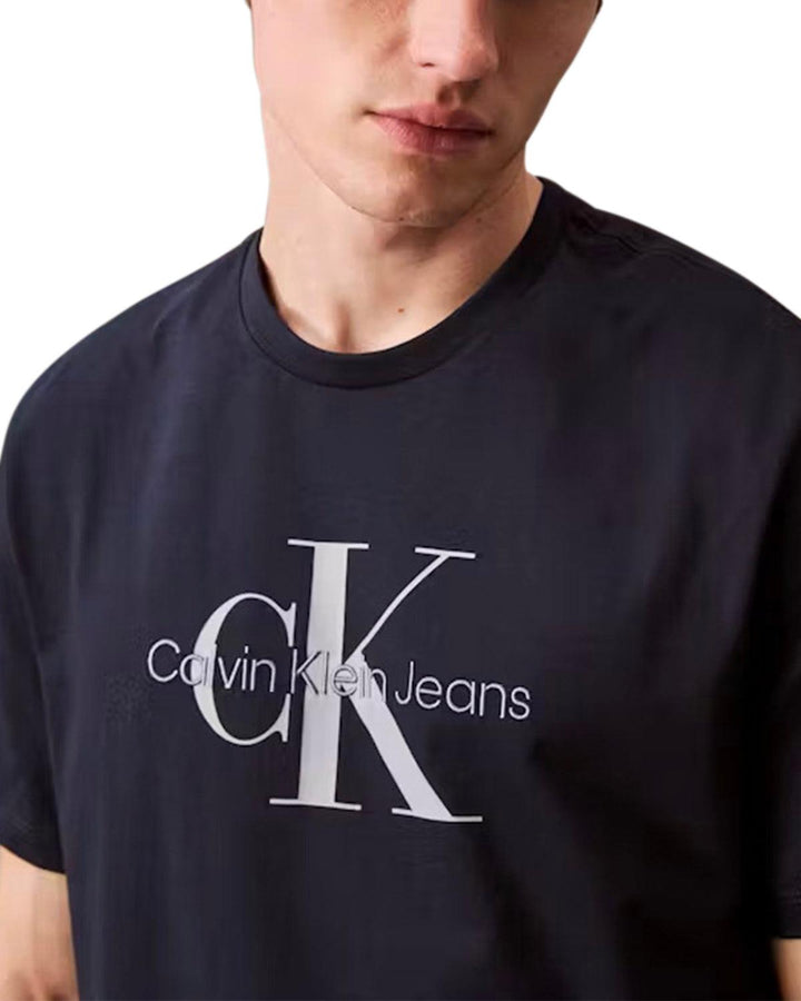 CALVIN KLEIN MENS EMBROIDERED MONOGRAM T-SHIRT DARK SAPPHIRE-Designer Outlet Sales