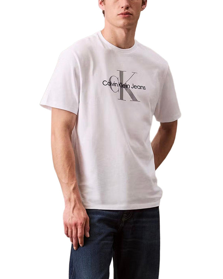 CALVIN KLEIN MENS EMBROIDERED MONOGRAM T-SHIRT WHITE-Designer Outlet Sales