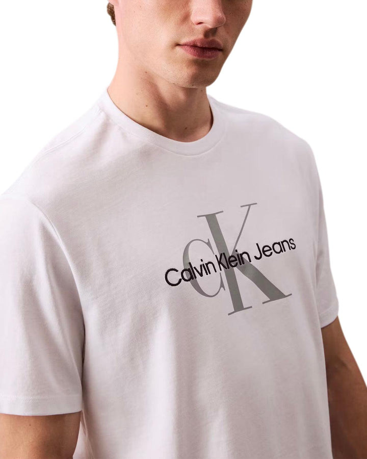 CALVIN KLEIN MENS EMBROIDERED MONOGRAM T-SHIRT WHITE-Designer Outlet Sales