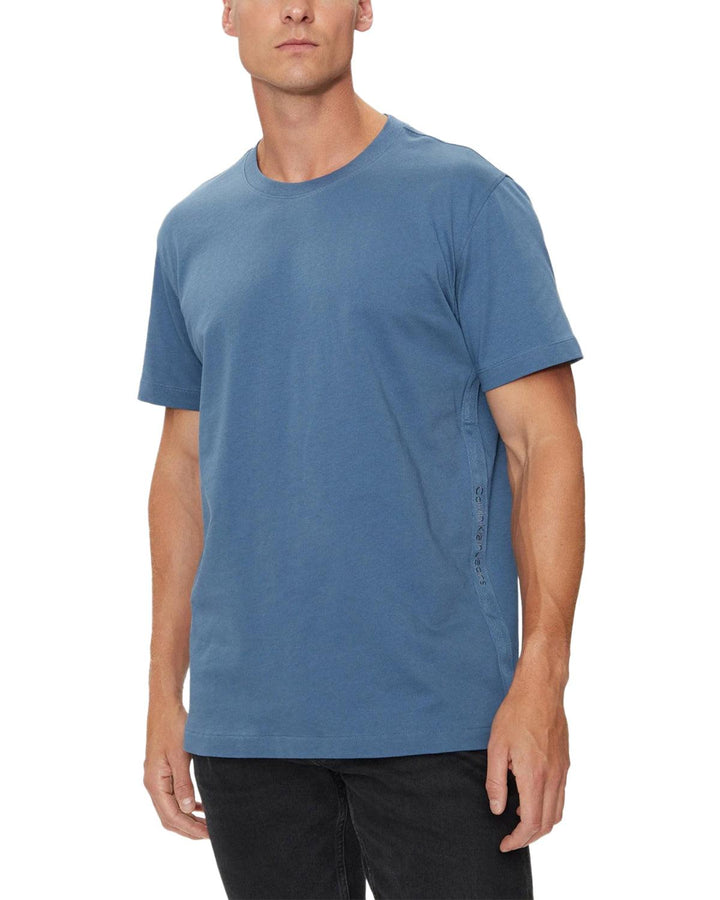 CALVIN KLEIN MENS LOGO TAPE T-SHIRT COAST BLUE-Designer Outlet Sales