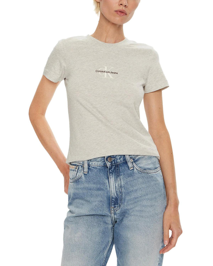 CALVIN KLEIN WOMENS MONOGRAM T-SHIRT IVORY GREY HEATHER-Designer Outlet Sales