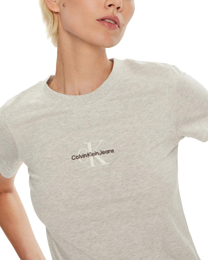 CALVIN KLEIN WOMENS MONOGRAM T-SHIRT IVORY GREY HEATHER-Designer Outlet Sales