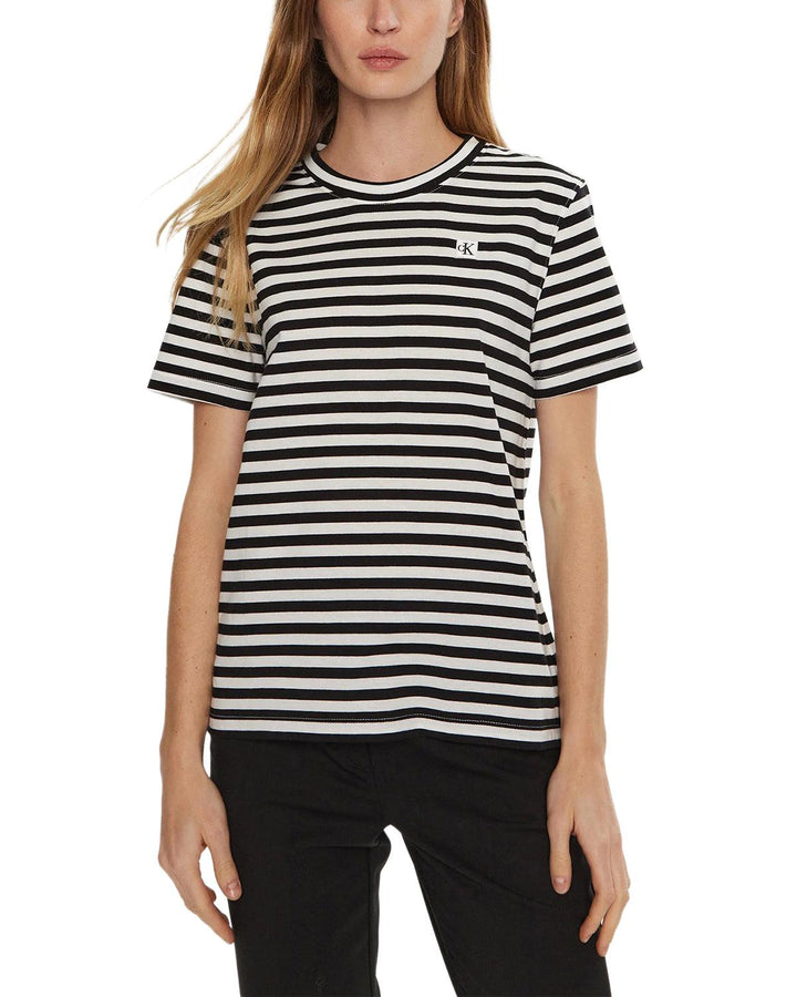 CALVIN KLEIN WOMENS STRIPED MONOGRAM BADGE T-SHIRT BLACK WHITE-Designer Outlet Sales