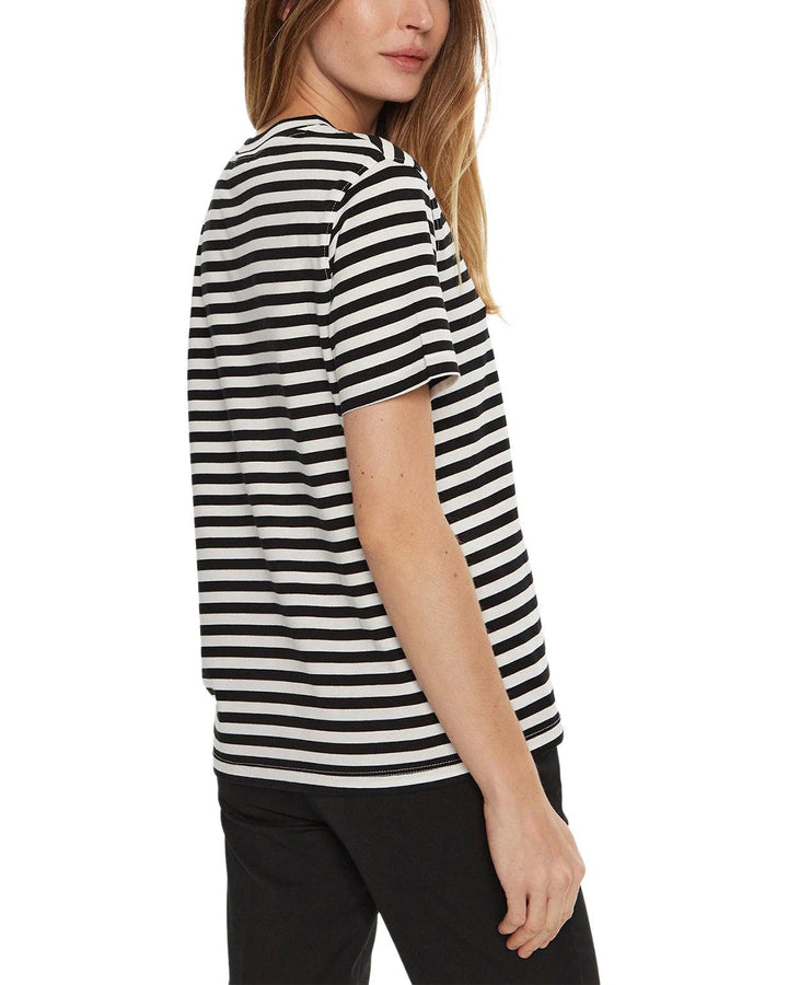 CALVIN KLEIN WOMENS STRIPED MONOGRAM BADGE T-SHIRT BLACK WHITE-Designer Outlet Sales