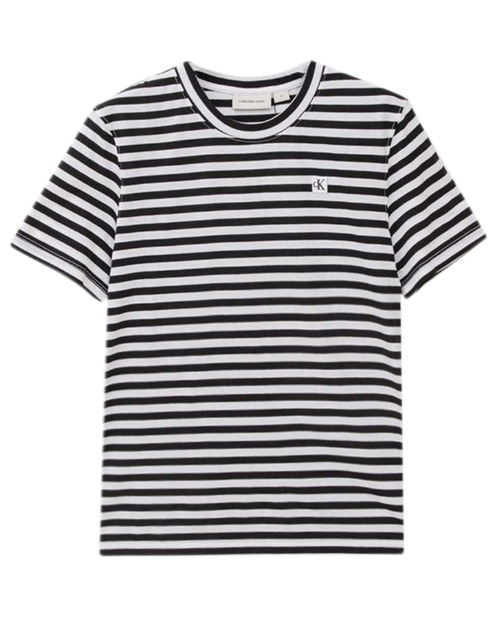 CALVIN KLEIN WOMENS STRIPED MONOGRAM BADGE T-SHIRT BLACK WHITE-Designer Outlet Sales