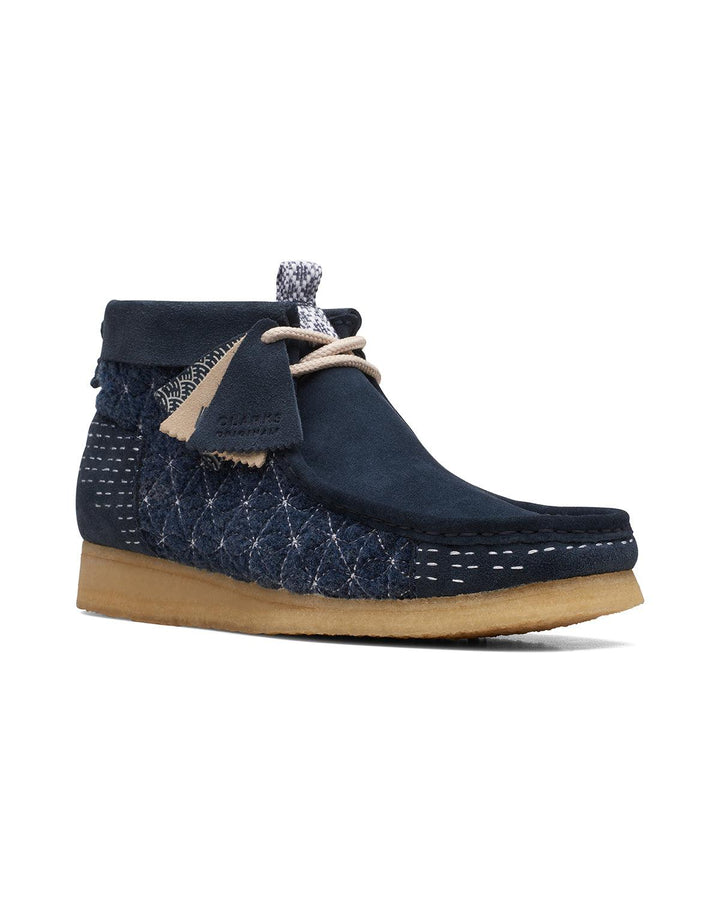 CLARKS ORIGINALS MENS WALLABEE BOOTS NAVY SASHIKO-Designer Outlet Sales