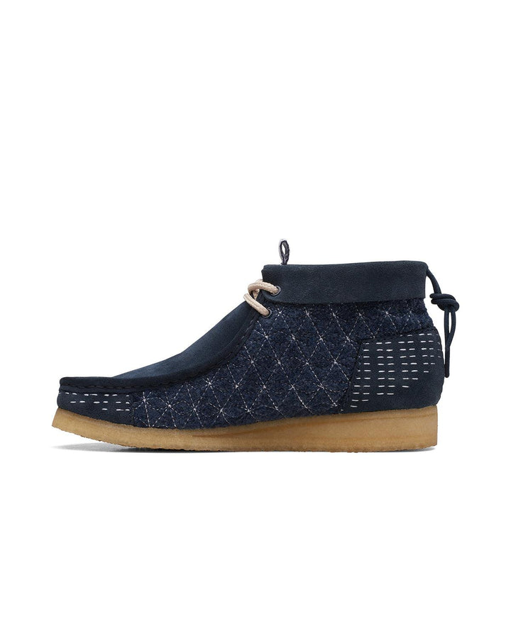 CLARKS ORIGINALS MENS WALLABEE BOOTS NAVY SASHIKO-Designer Outlet Sales