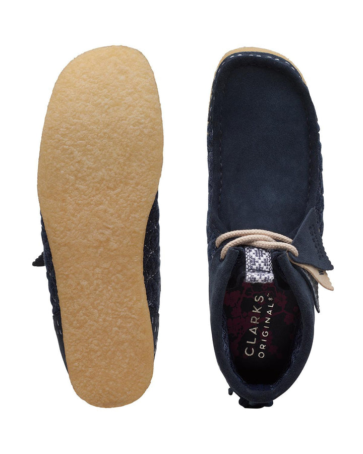 CLARKS ORIGINALS MENS WALLABEE BOOTS NAVY SASHIKO-Designer Outlet Sales