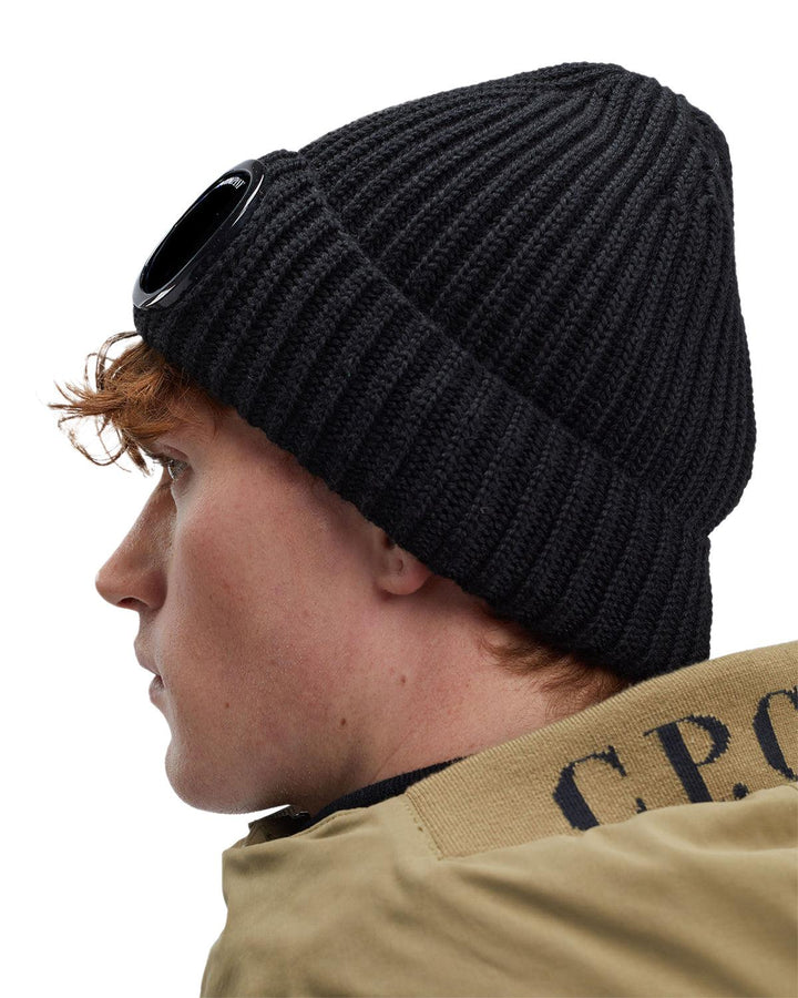 CP COMPANY EXTRA FINE MERINO WOOL GOGGLE BEANIE BLACK-Designer Outlet Sales