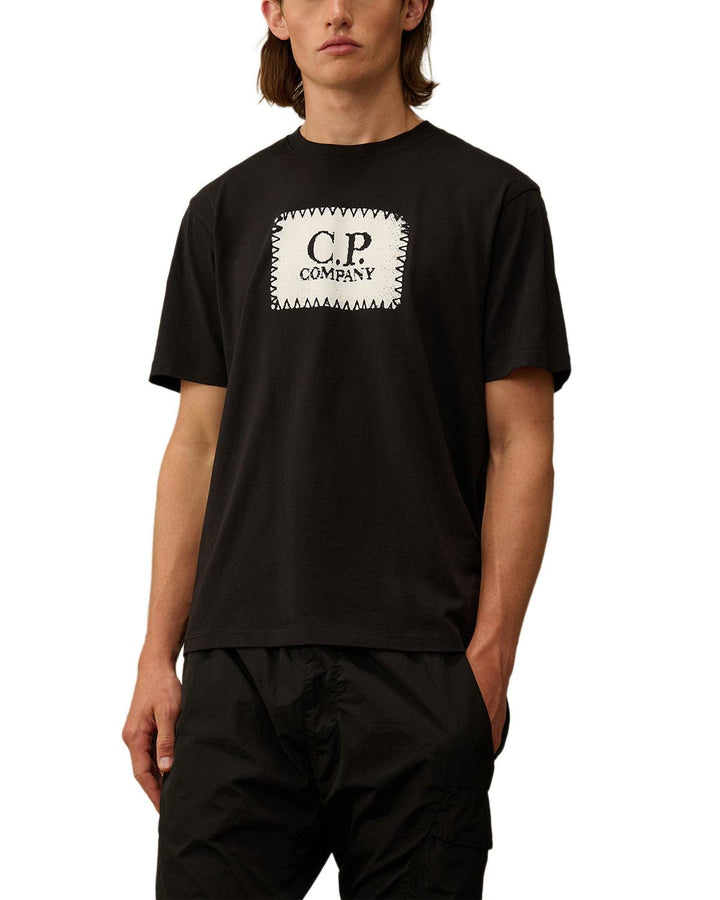 CP COMPANY MENS 30/1 JERSEY LOGO LABEL T-SHIRT BLACK-Designer Outlet Sales