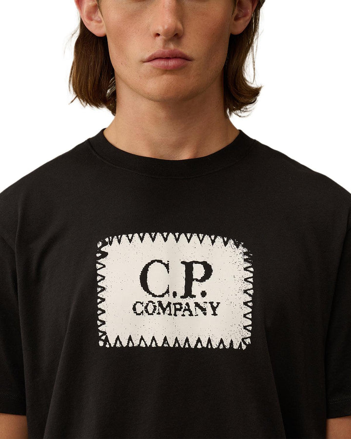 CP COMPANY MENS 30/1 JERSEY LOGO LABEL T-SHIRT BLACK-Designer Outlet Sales