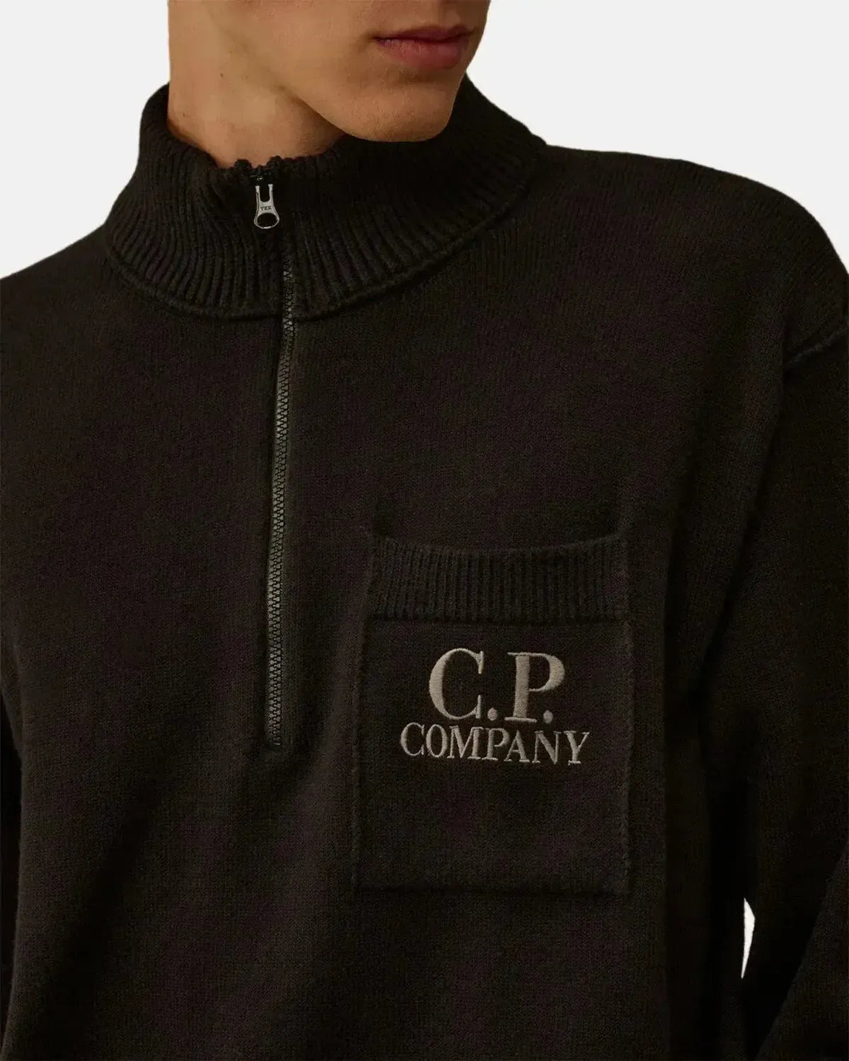 CP COMPANY MENS SOFT COTTON STRETCH CHEST POCKET 1/4 ZIP KNIT BLACK – CP-COMPANY-19CMKN236A-110432A-999-M | Studio DOS by Designer Outlet Sales