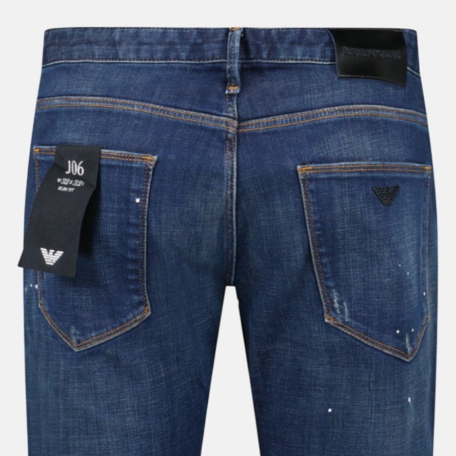 Emporio Armani J06 Slim Fit 5 Pocket Paint Splatter Jeans Blue – B2/B3 | Studio DOS by Designer Outlet Sales